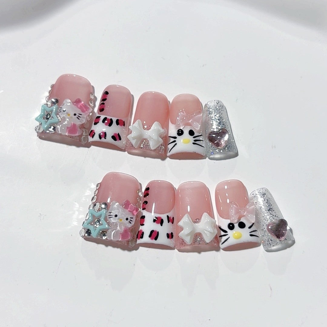 Sweet Kitty Series: "Pink Starry Kitty" – Short Square Handmade Press-on Nails