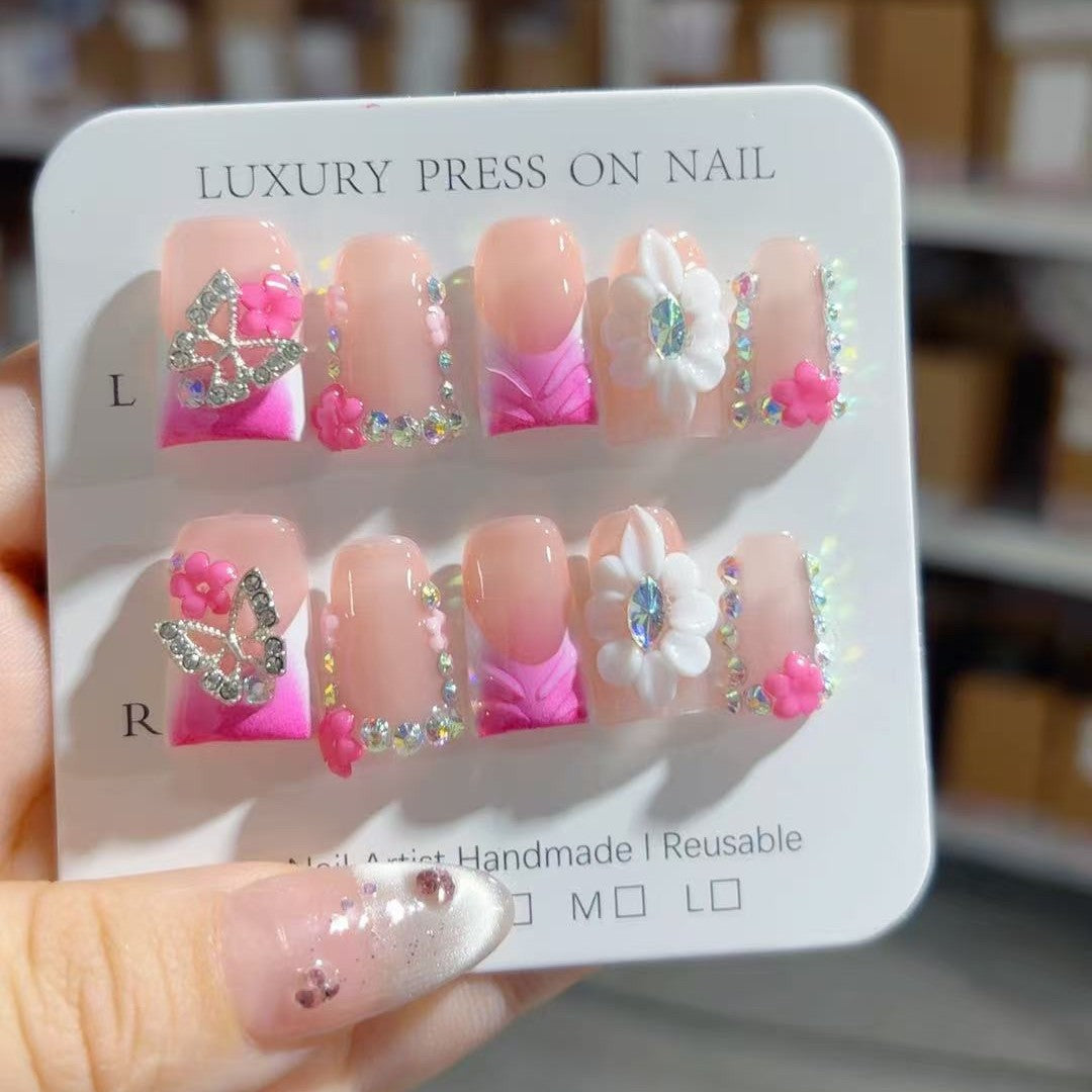 365nails-粉色蝴蝶：「花卉蝴蝶」 – 方形 手工製 3D 裝飾 穿戴甲
