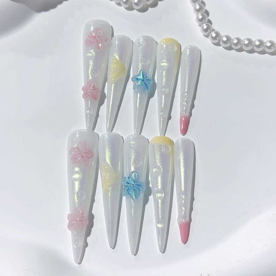 Unhas Postiças Extra Longas 3D Florais Iridescentes