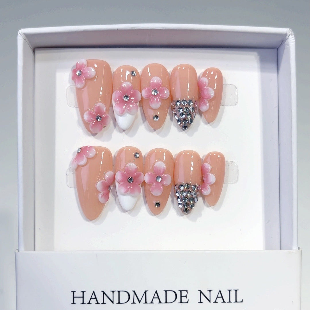 Éclat Sakura : "Floraison Rose" – Ongles press-on fait main forme amande mi-long