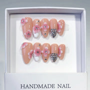 Éclat Sakura : "Floraison Rose" – Ongles press-on fait main forme amande mi-long