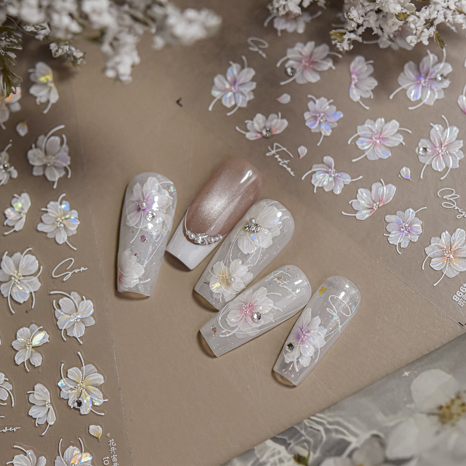 365nails: 全息櫻花配水鑽 美甲貼紙