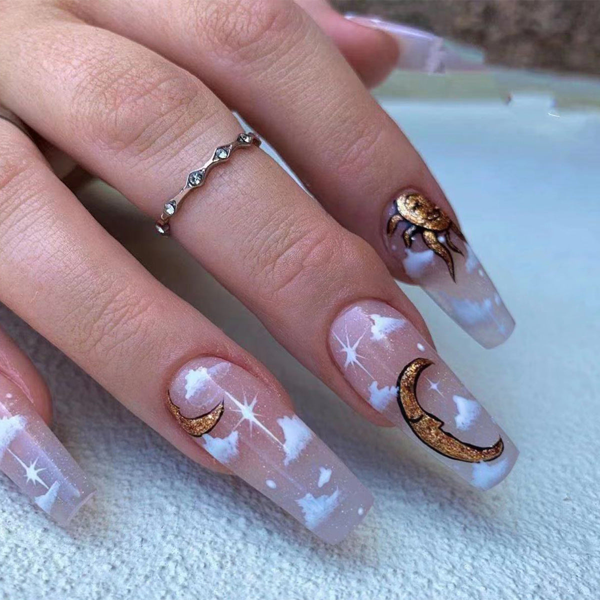 Unhas postiças longas com acabamento em sol e nuvem de balé, remendo para unhas, remendo removível para unhas ｜ 365nails