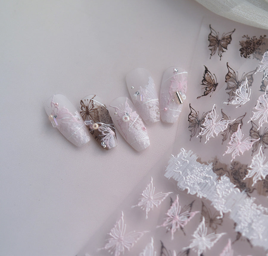 Sepia Butterfly Embroidery – 3D Embossed Vintage Nail Art Set
