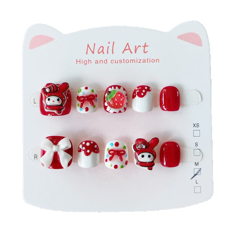 365Nails: "Strawberry Melody Fest" – Handmade Cute Short Square Press On Nails With My Melody & Strawberry Design