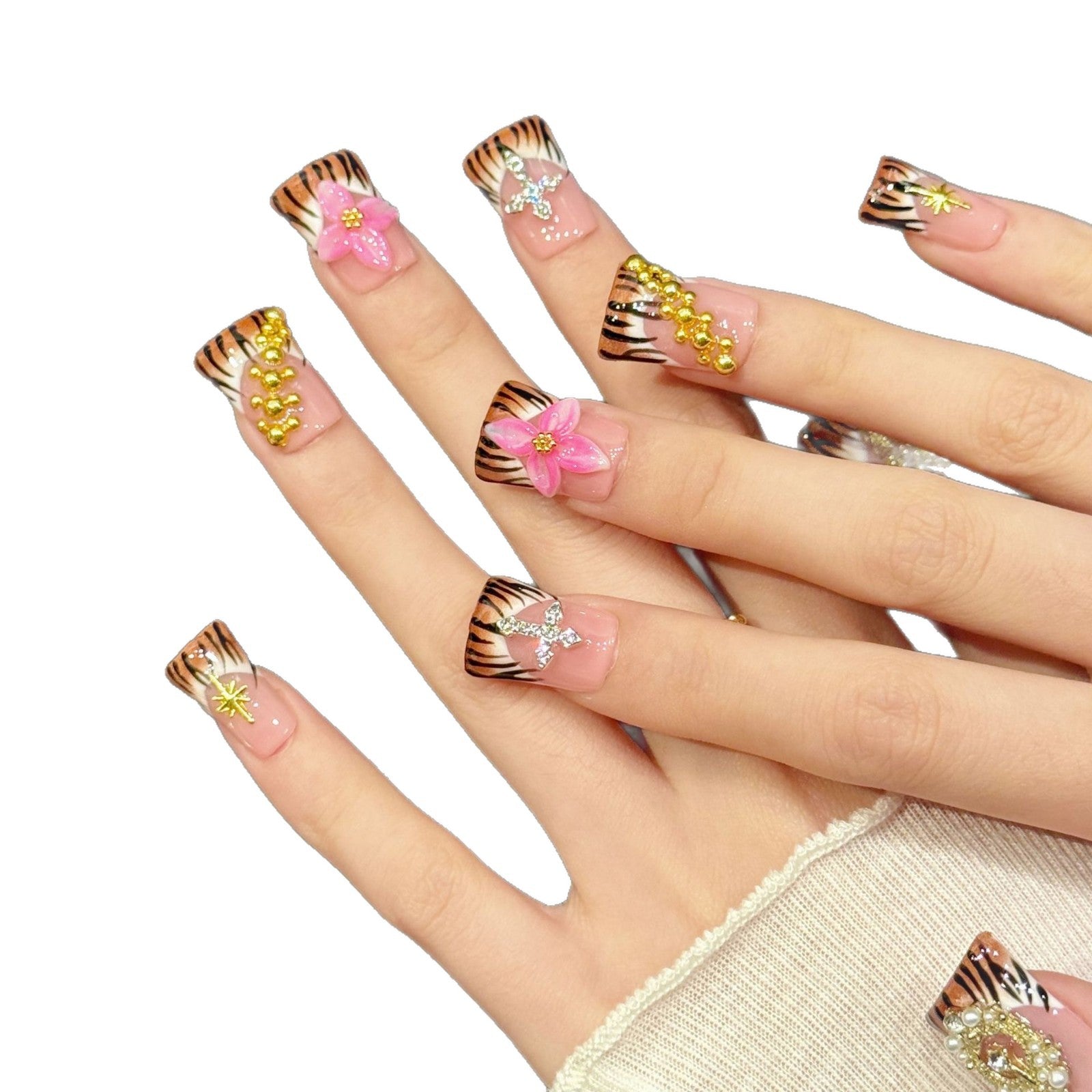 365nails: "Pink Tiger" – 3D Floral & Crystal Handmade Short Square Nails