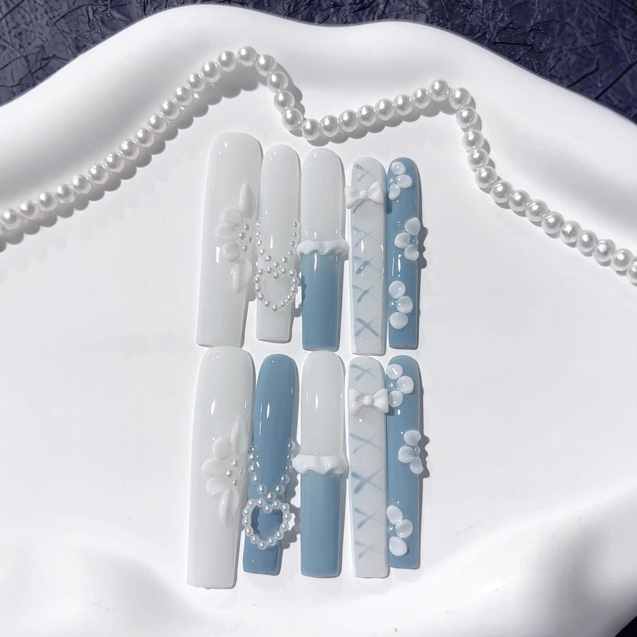 Blue White Pearl Bow Elegant Press On Nails