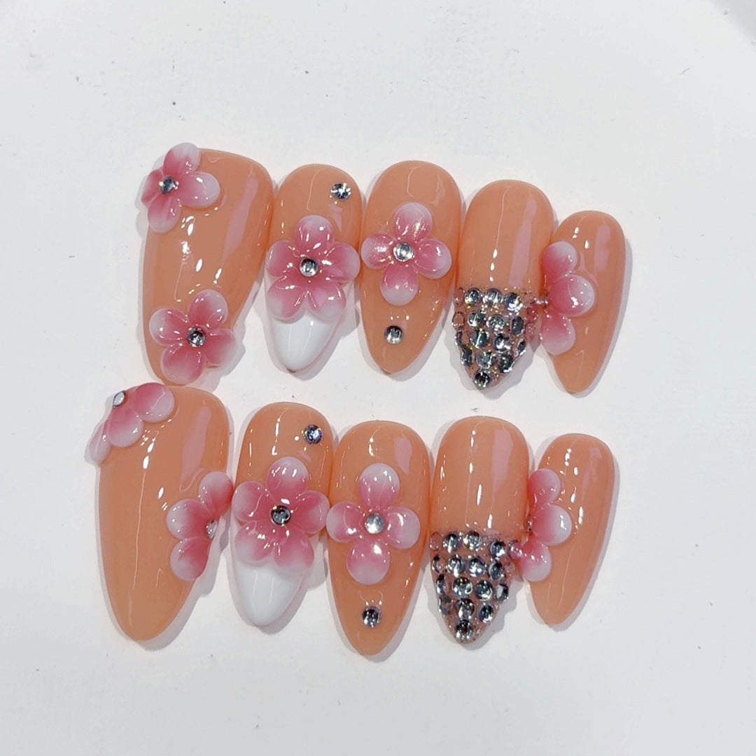 Éclat Sakura : "Floraison Rose" – Ongles press-on fait main forme amande mi-long