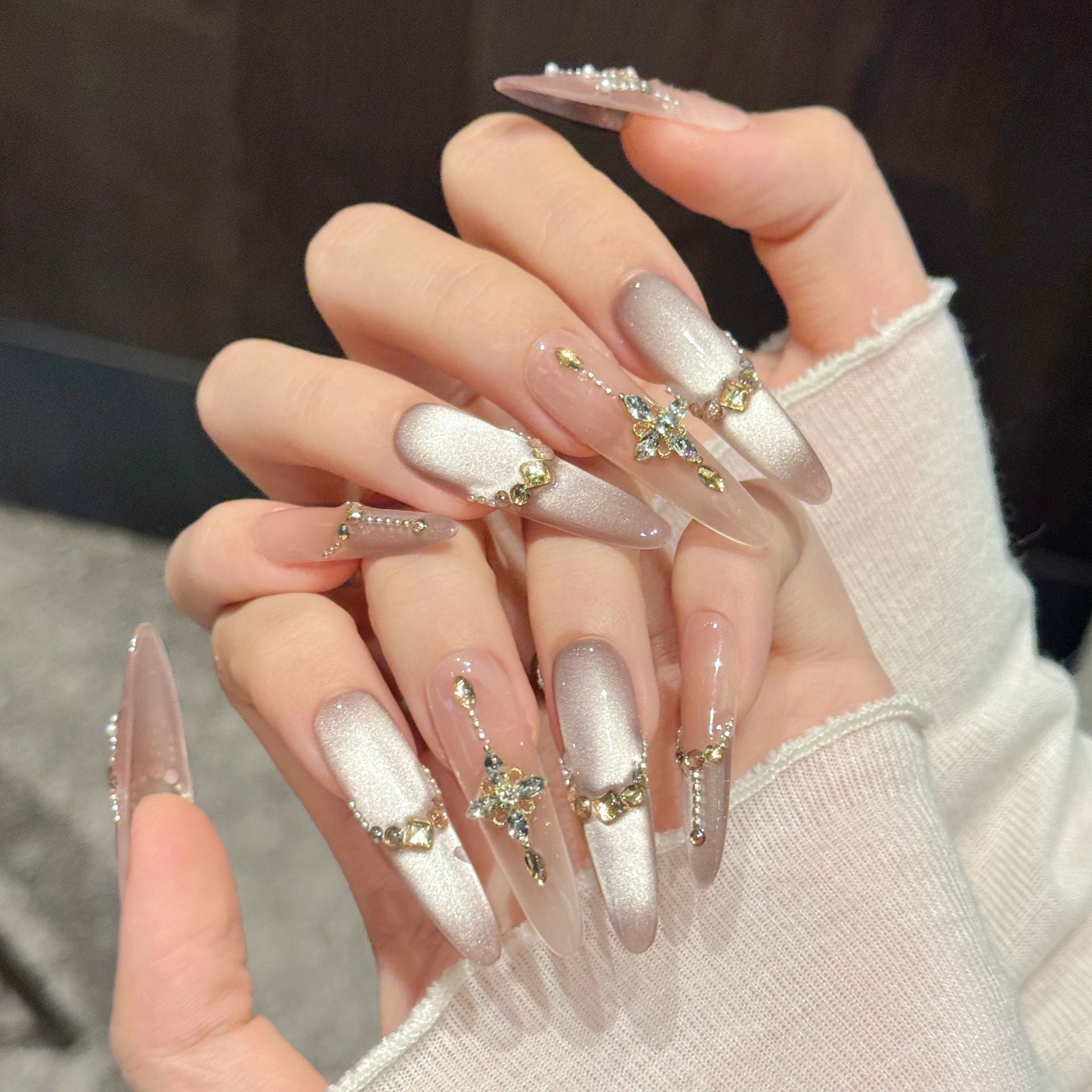 Icy Pearl Cross Crystal Glam Nails