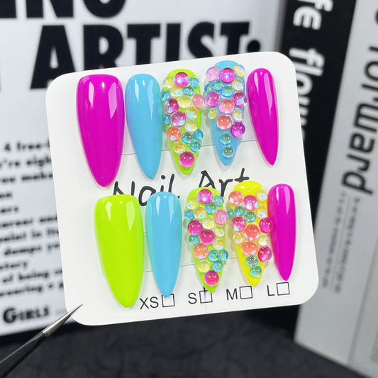 Fluorescent handmade worn nail candy contrasting colors Spice girl long-pointed nail patch  sticker wholesale｜365nails