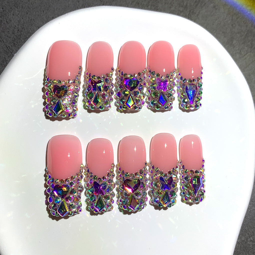 Pink AB Crystal Full Tip Glam Press On Nails