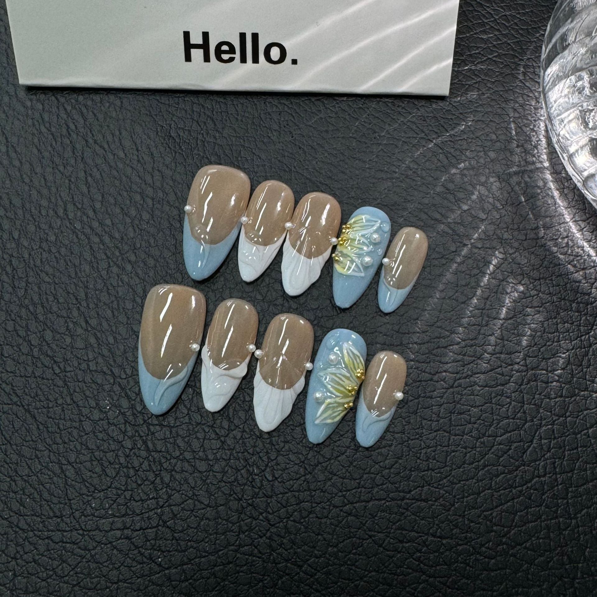 365nails: "Blue Macchiato" – Handmade Marble & Gold Leaf Square Nails