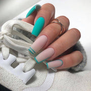 Uñas francesas con efecto lago azul, uñas postizas blancas, parches extraíbles, almohadillas para uñas postizas, uñas postizas, uñas 365nails