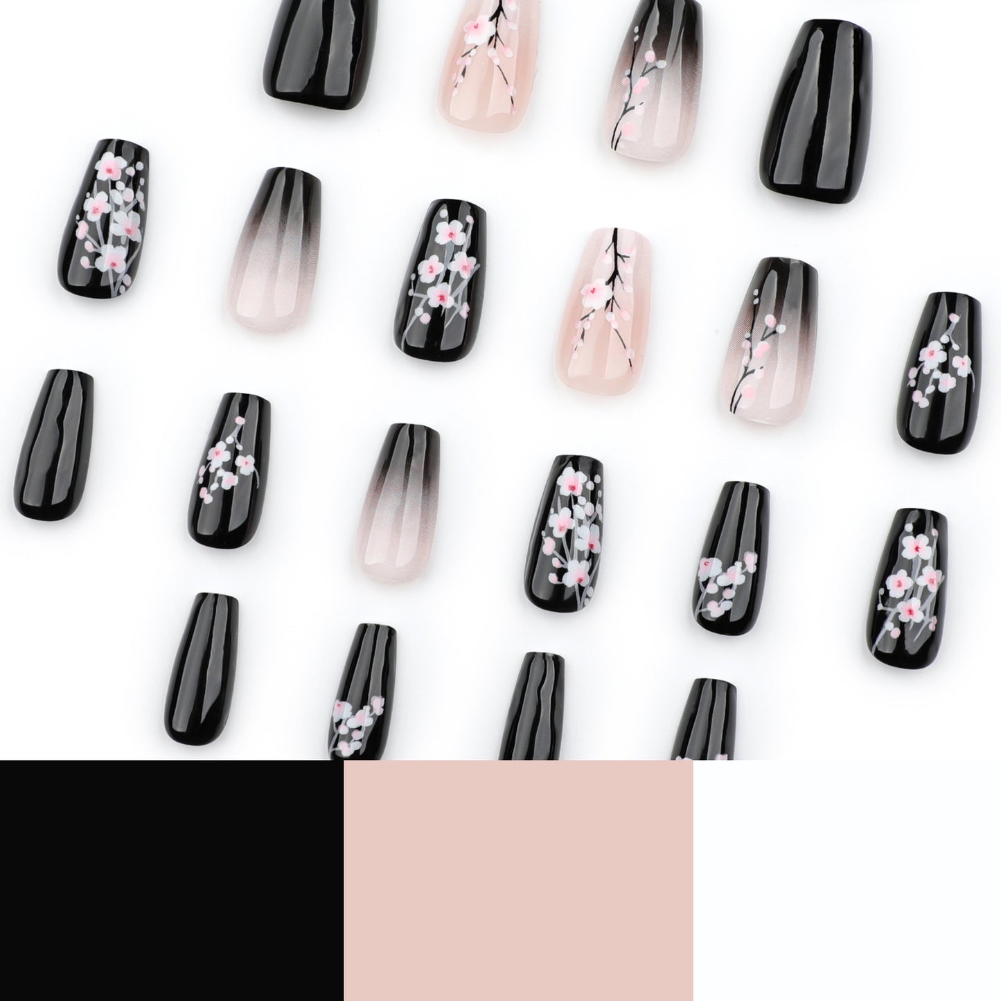 Black gradual change nail piece New Chinese plum blossom  Finished short ballet removable nail piece Wholesale｜365nails