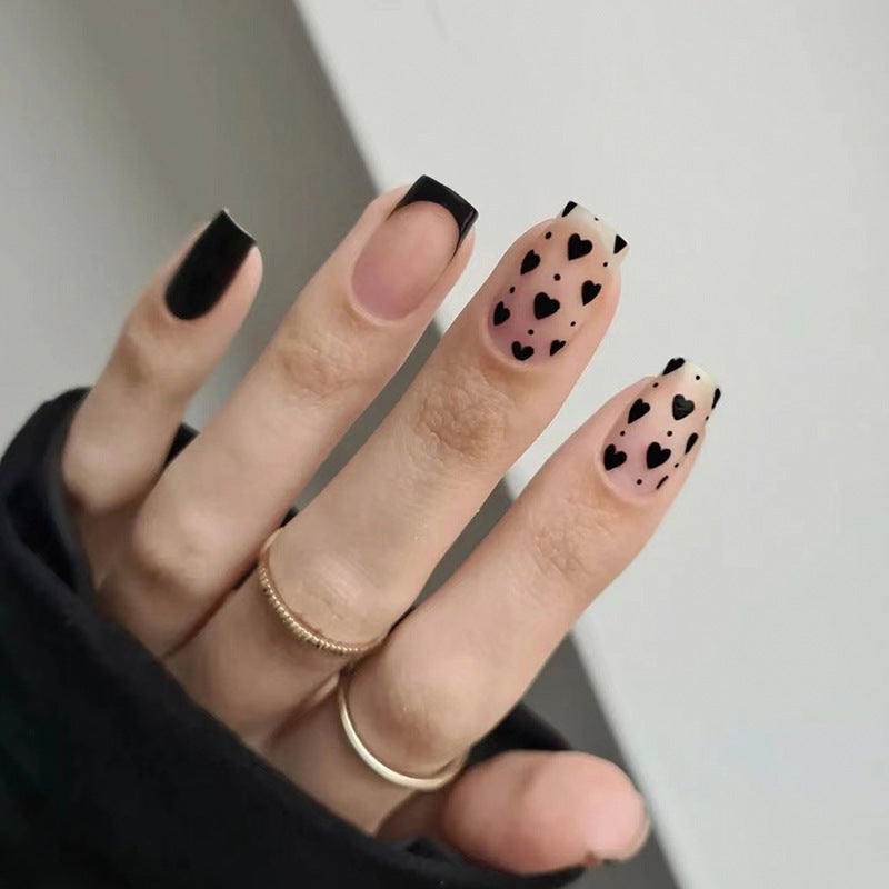 法式美甲穿戴甲 黑邊小愛心指甲片｜365nails