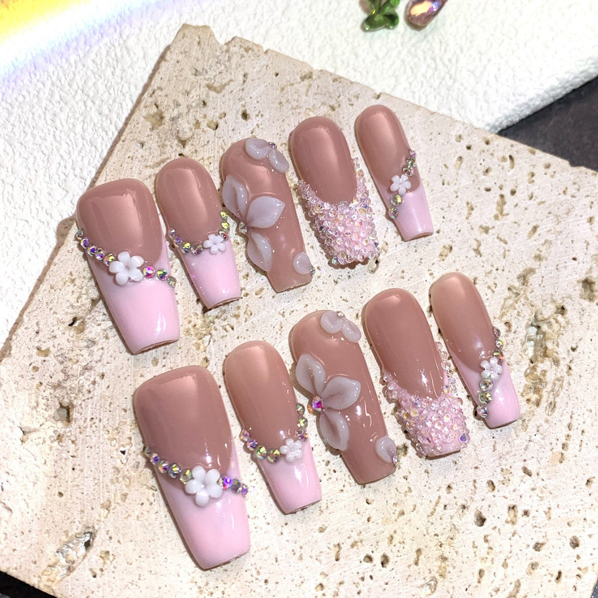 Soft Nude Floral Crystal Elegant Press On Nails