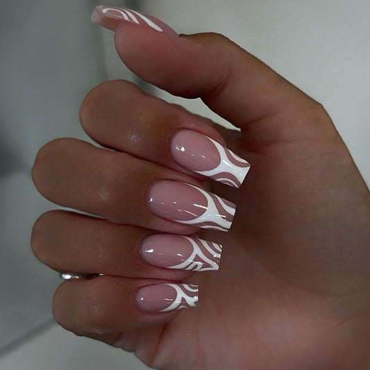 Manicure francesa listrada branca abstrata, unhas postiças, almofadas de unha simples de usar, adesivos de unha quadrados rosa ｜365nails