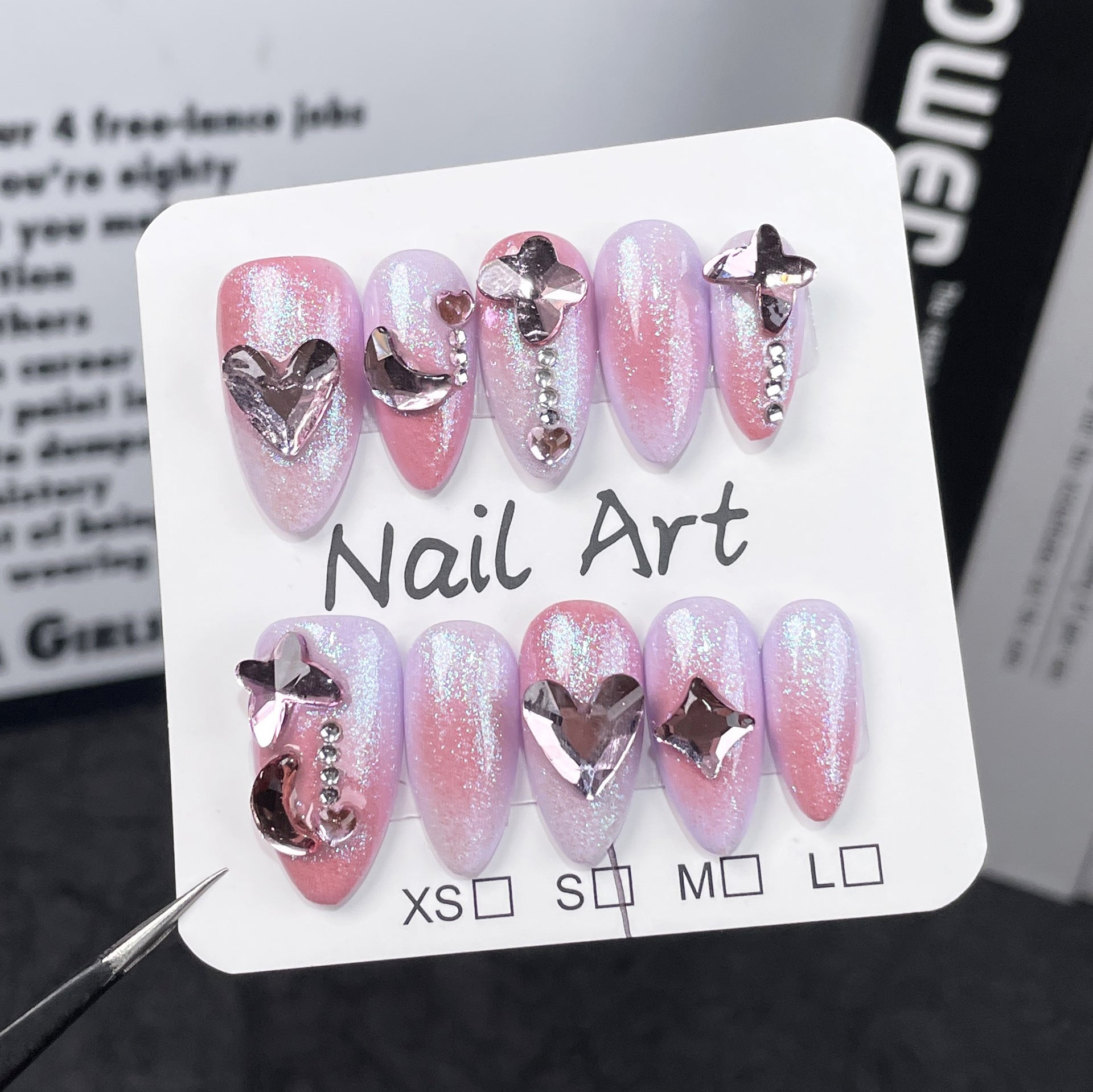Soft Sparkle Gradient Nails with Irregular Chrome Heart Accents