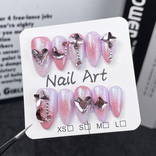 Unhas postiças artesanais com flash, irregular, mudança gradual, doce, suave, médias e longas, amêndoa, atacado｜365nails
