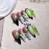 Neon Green Gradient Floral Edge Art Press On Nails