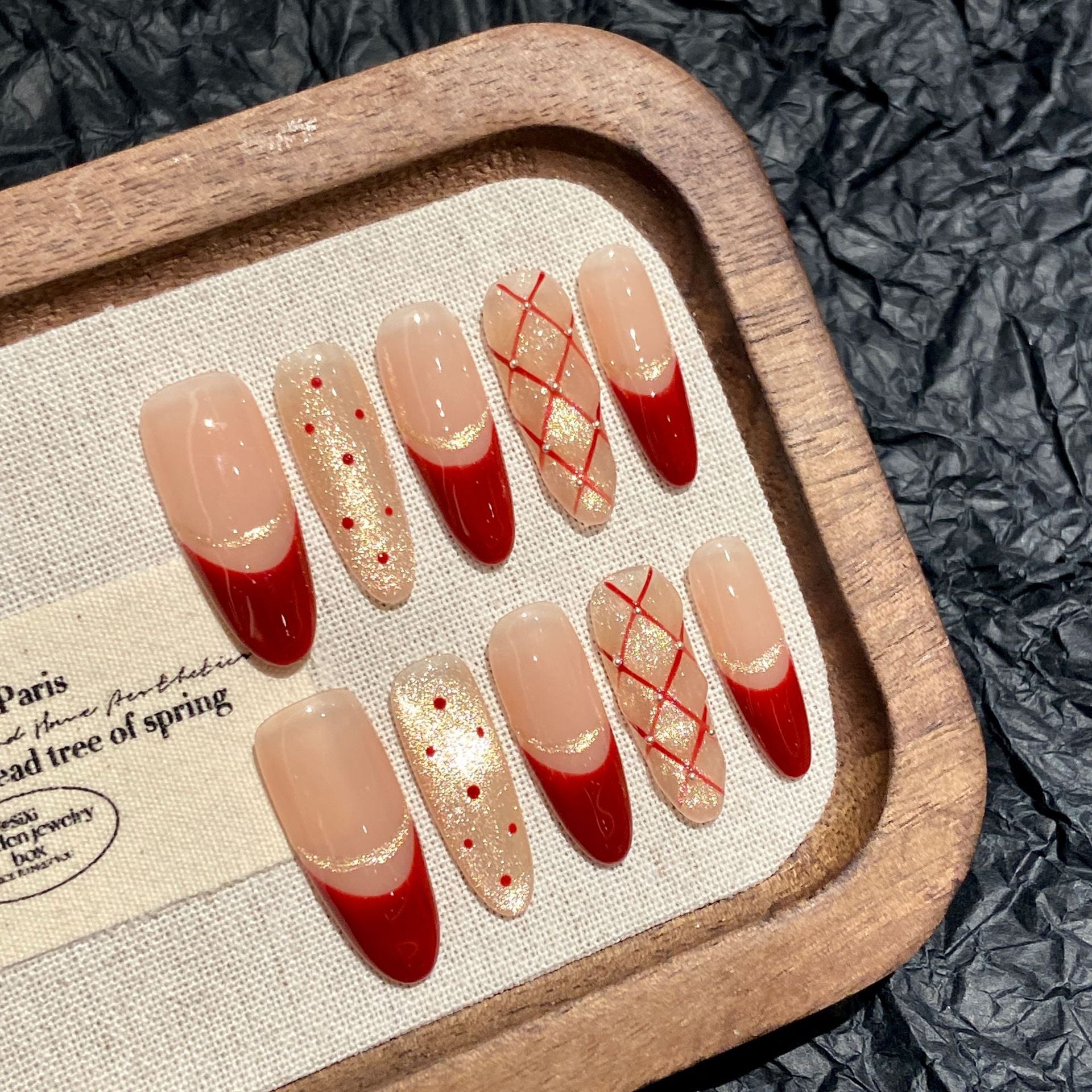 365nails: "Red Velvet Romance" – Handcrafted French Tip & Plaid Almond Nails