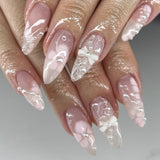 White Lace Gradient Nails with Pearl Bow Details