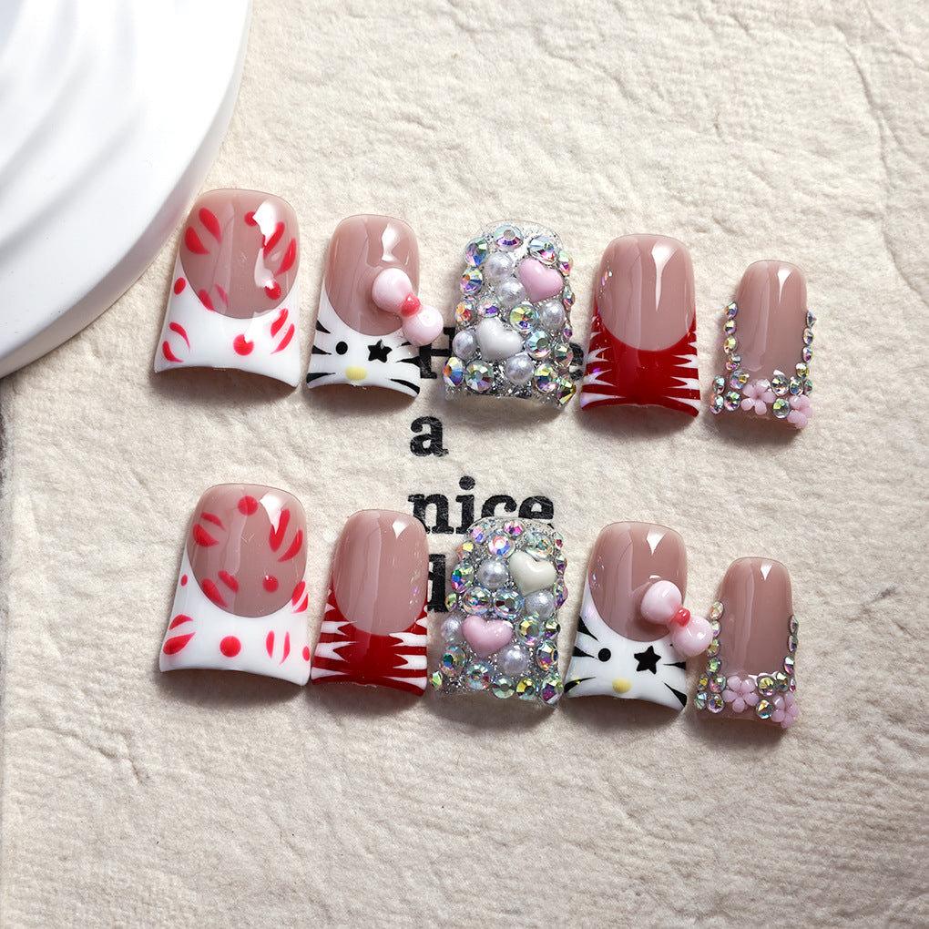 Red Kitty Crystal Cute Press On Nails