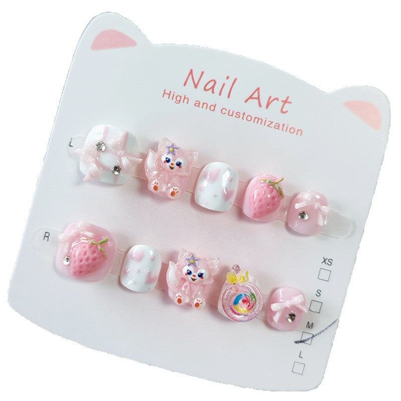 365nails: "pink berry linabell" – short round handmade kids press-on nails