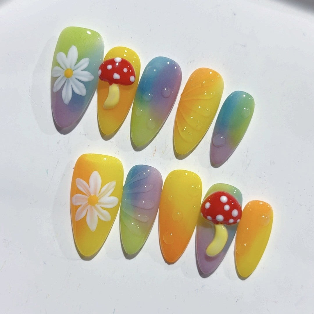 365nails—魅惑草原：「彩虹雛菊蘑菇」— 杏仁形手工製3D雕刻穿戴甲