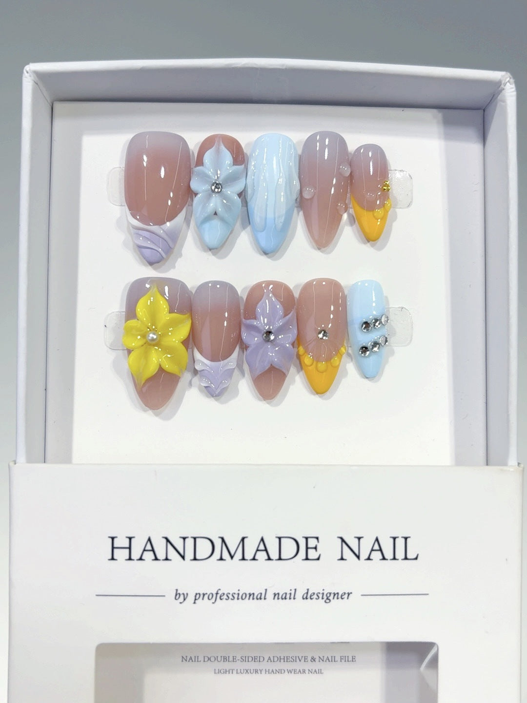 Pastel Bloom: "Colorful Petal" – Medium Almond Handmade Press On Nails