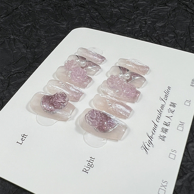 Pure handmade press-on nails purple colorful three-dimensional gradual change camellia short nail patch wearable fake nails｜365nails