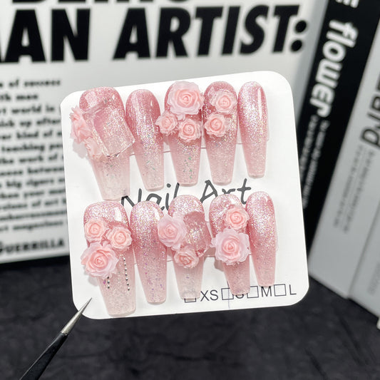 Handmade press-on nails cat eye simulation engraving sweet flash long  stack drill｜365nails