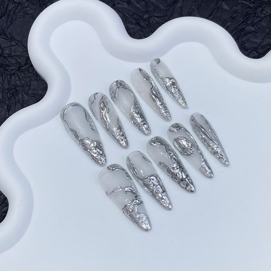 Irregular three-dimensional metal Spice Girl handmade press-on nails advanced cold-tone silver magic mirror powder finished nail patch｜365nails