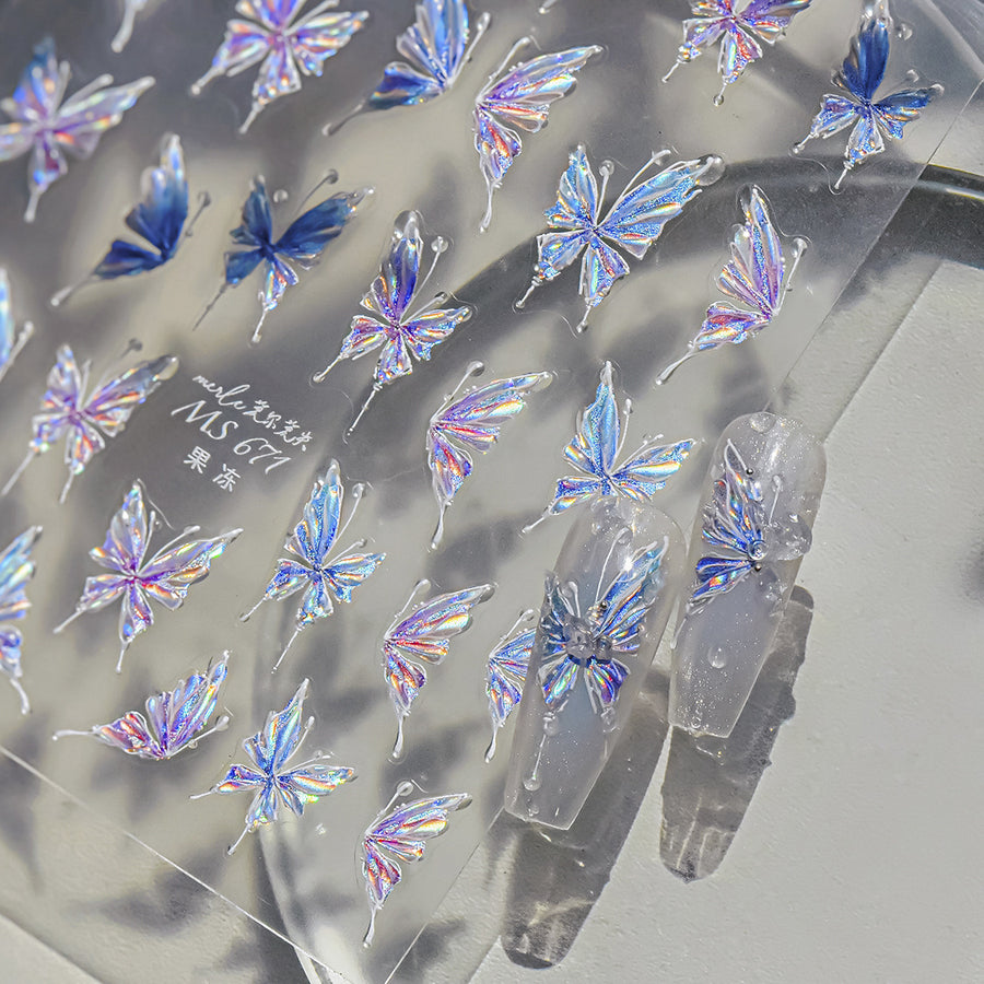 Holographic Iridescent Butterfly Nail Stickers – 5D Embossed Fairy Wing Set