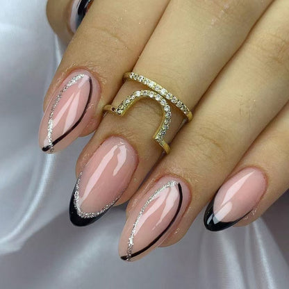 hot-selling French black wearable nail glitter line wearable nail piece repeatable nail piece wholesale｜365nails