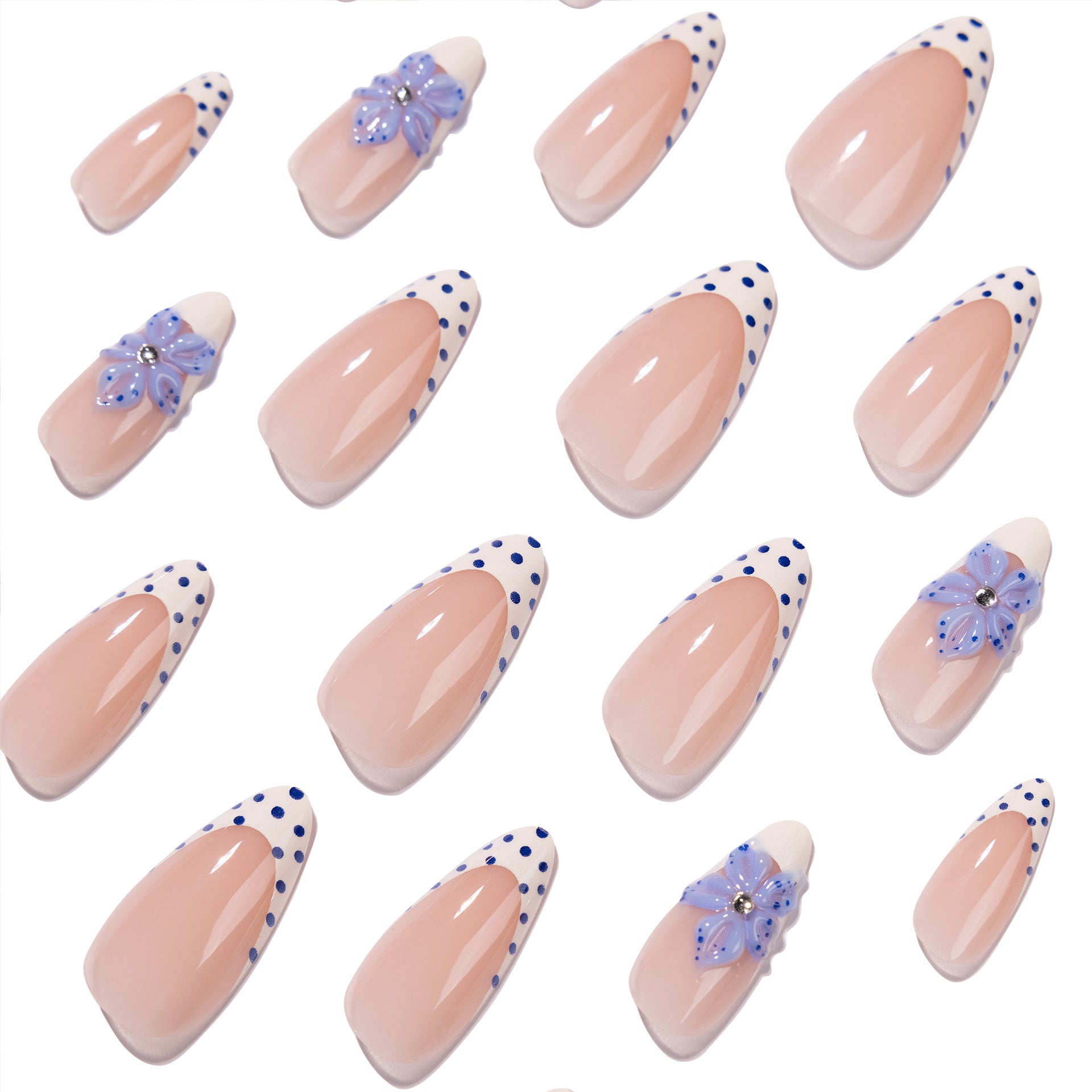 365nails: "Blue Floral Polka Dot French Almond" – Delicate Press-on Nails