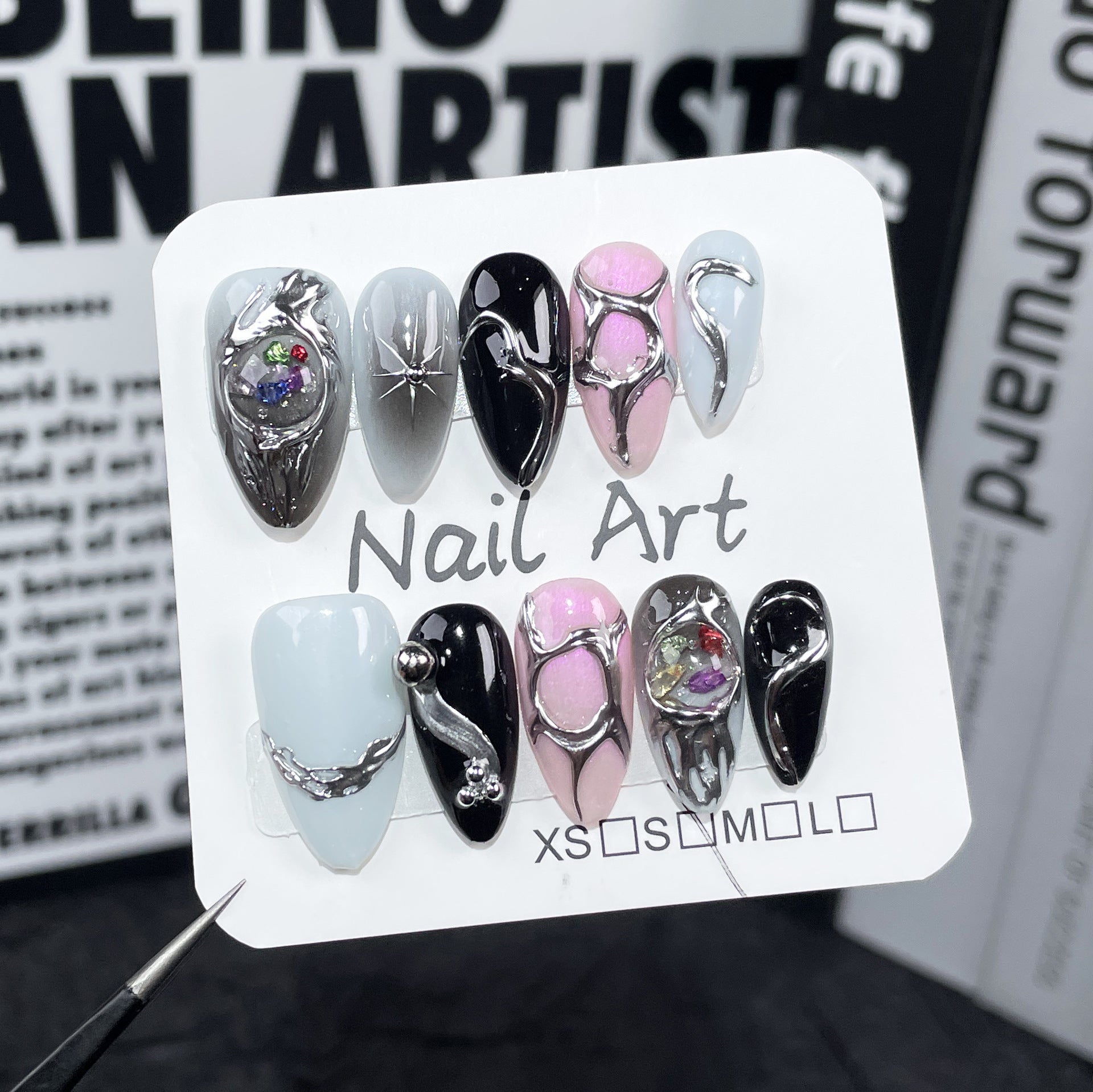 Sweet and cool  Handmade press on nails metal hand-painted irregular shape  almond nail wearable nail sticker｜365nails