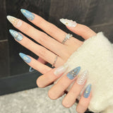 Blue White Gradient Bow Crystal Press On Nails