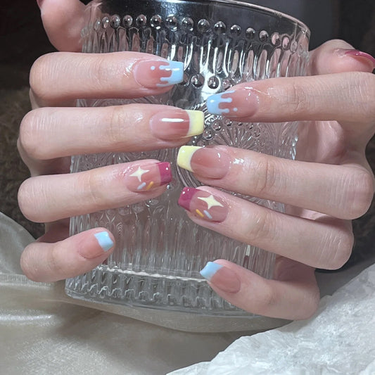 Wearing armor, cute blue flowing heart, yellow and purple double spell, French white, star ins wind wearing armor, wholesale.｜365nails