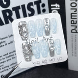 Adesivo de unha artesanal com efeito de vento frio e manchas brancas, corrente de pó de espelho mágico, adesivo de unha vestível, atacado ｜365nails