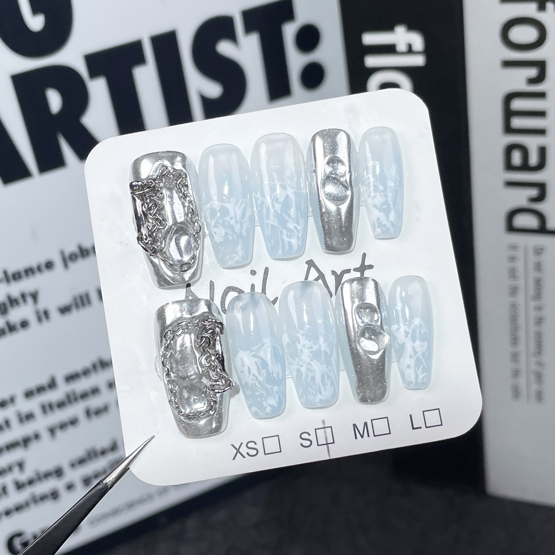 Adesivo de unha artesanal com efeito de vento frio e manchas brancas, corrente de pó de espelho mágico, adesivo de unha vestível, atacado ｜365nails