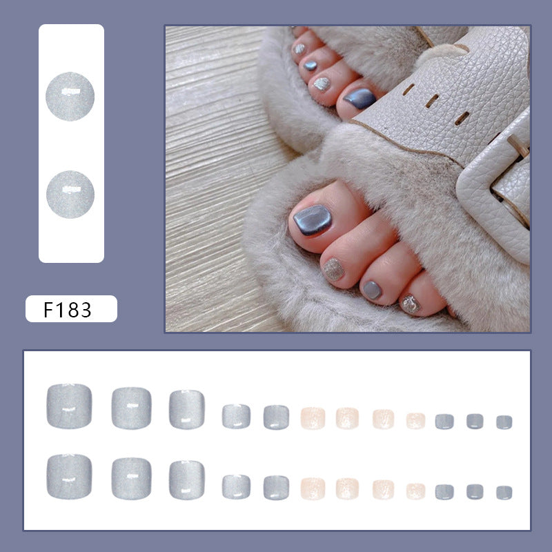 冷藍貓眼×百搭白 甜美時尚腳趾穿戴甲 可拆卸 24片｜365nails