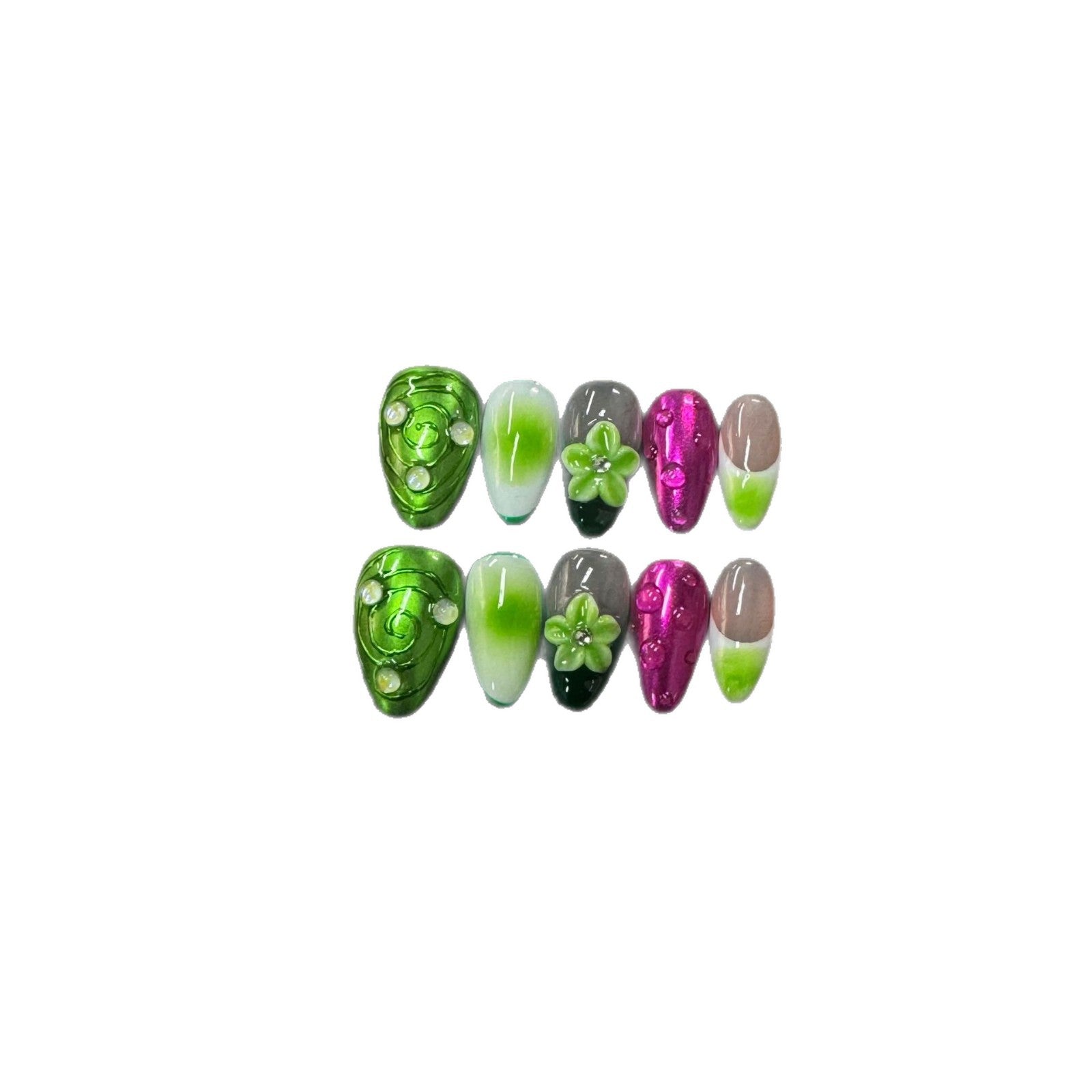 365nails: Jardin émeraude – ongles press-on forme amande, fait main, motif floral 3D