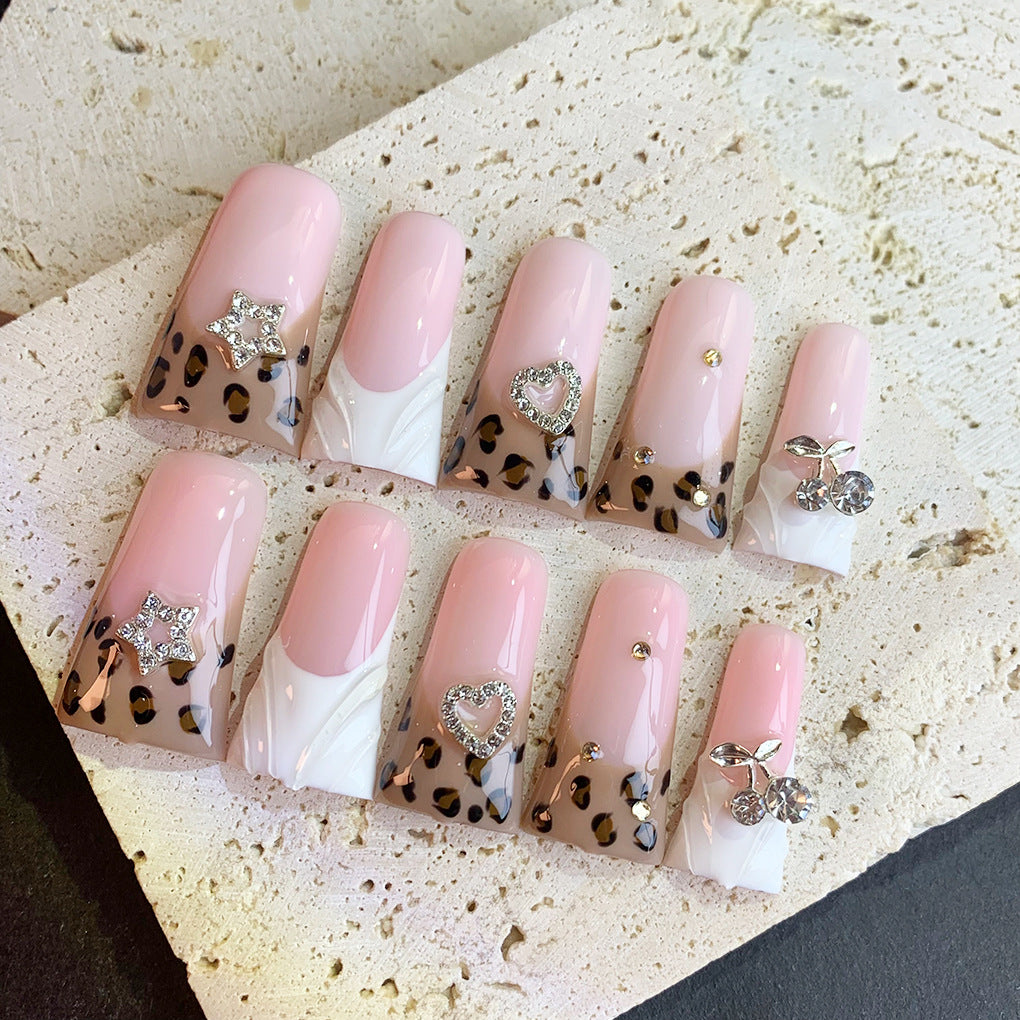 Sweet Pink Leopard Heart Crystal Press On Nails