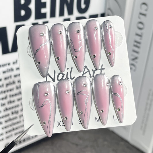 Handmade Press-on Nails Sweet Cool Spice Girl Blush Nail Metal Style  Long Tip Nail Patch Wholesale｜365nails