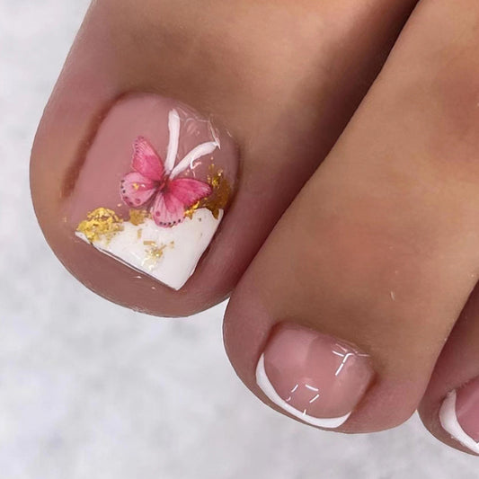 Puro deseo Uñas postizas para los pies a presión, manicura francesa blanca, lindas uñas postizas de mariposa rosa, para usar Uñas postizas para los pies a presión, pieza de uña postiza｜365nails