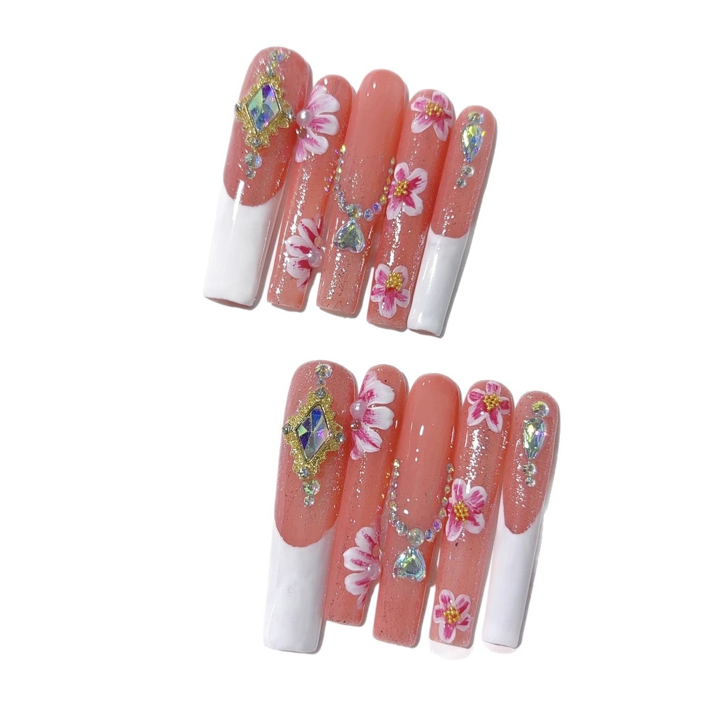 Coral White Floral Crystal Elegant Press On Nails