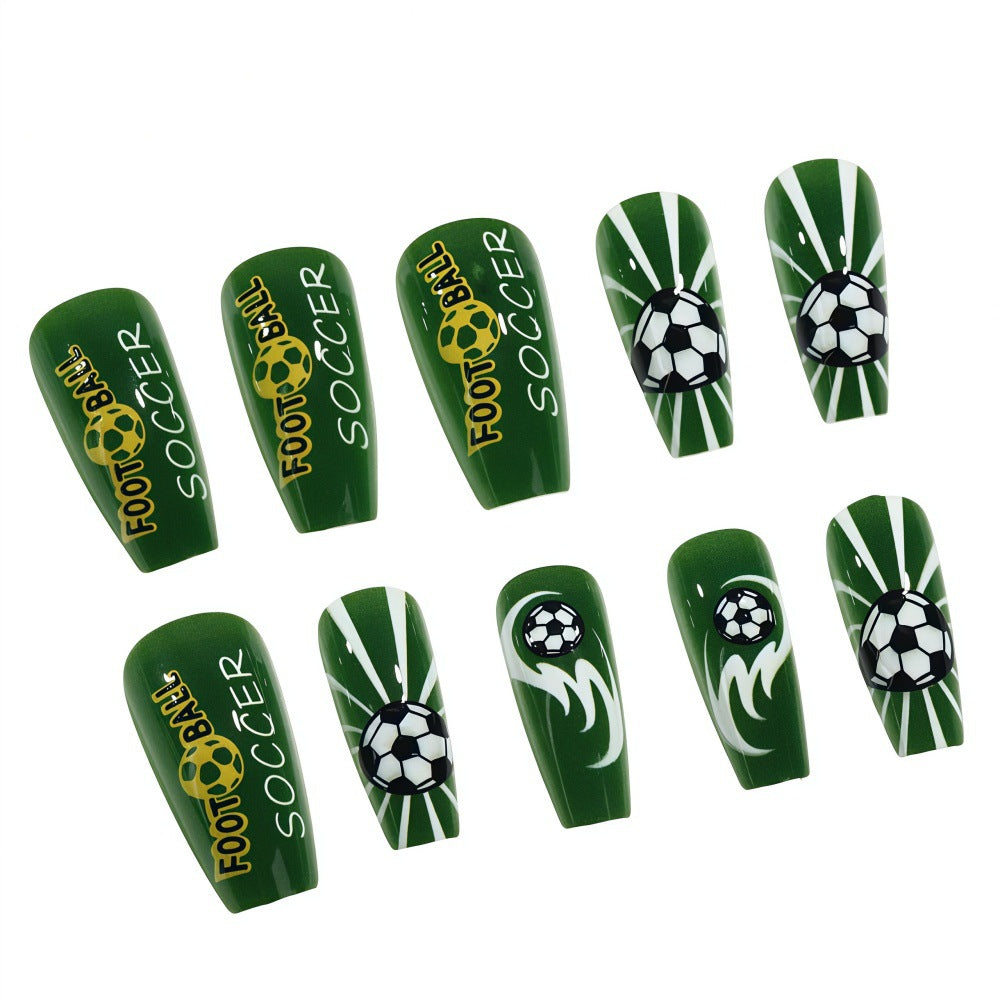Unhas Postiças (Press-On) Padrão Futebol Verde e Vermelho Entusiasmado da Copa do Mundo (Brilhante/24unid/Formato Caixão)