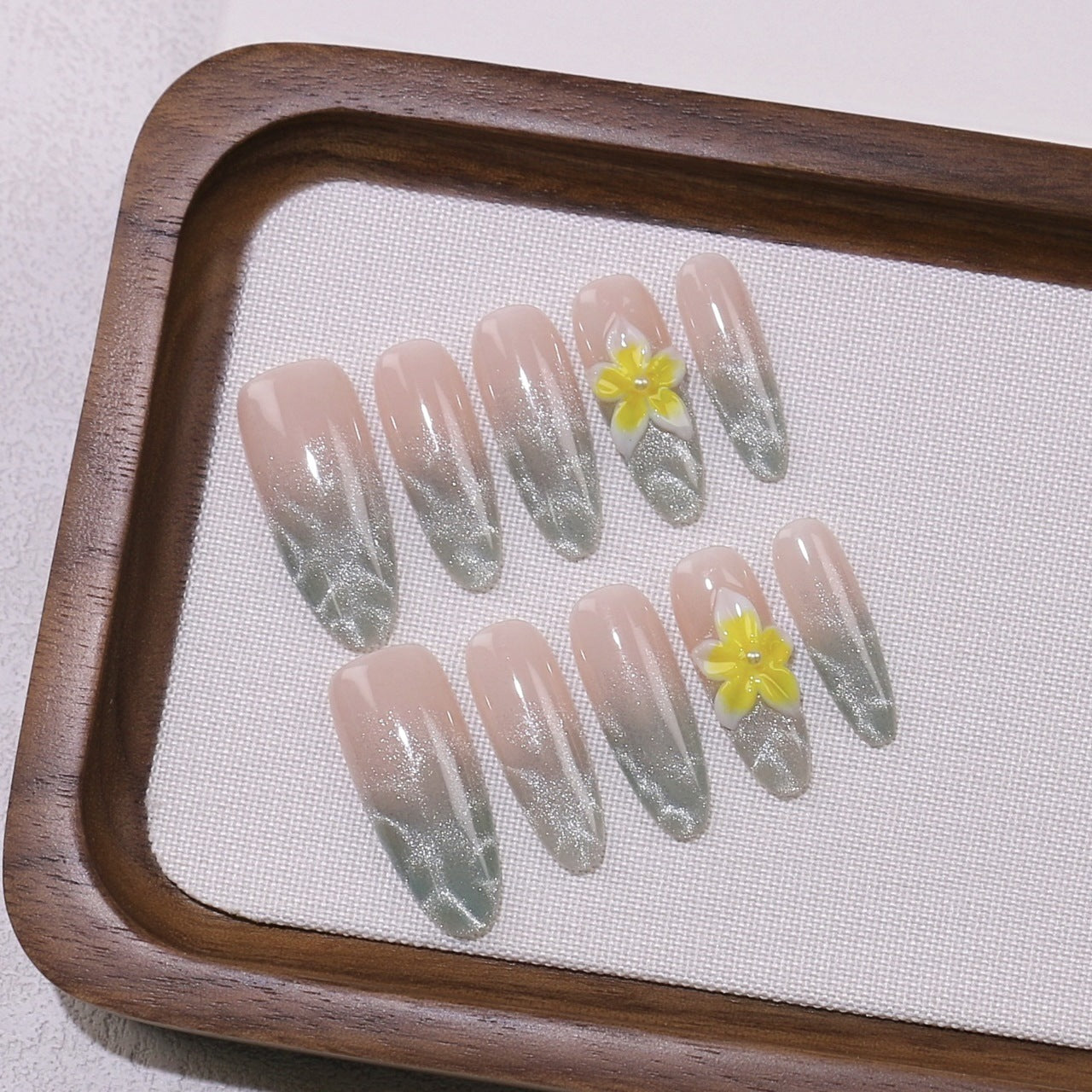 365nails-Misty Forest: "Green Floral" – Almond Shape Handmade 3D Carved Press-On Nails
