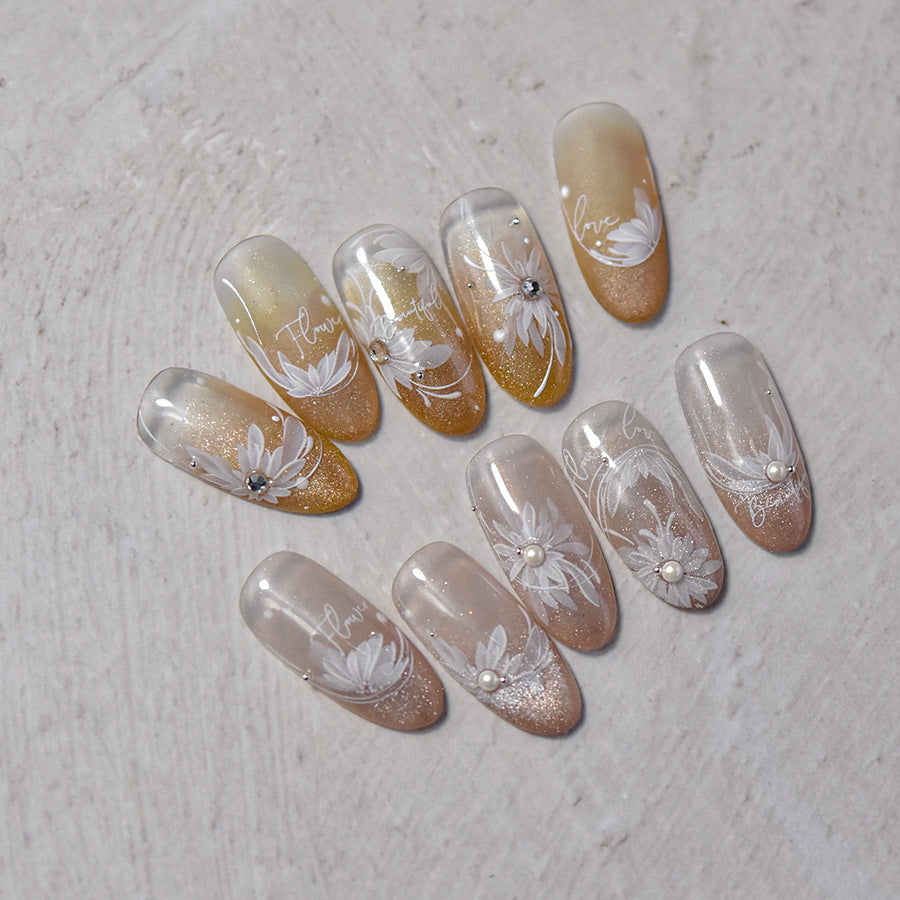 White Floral Crystal-Diamond: "Ethereal White Floral" – 5D Embossed Nail Sticker